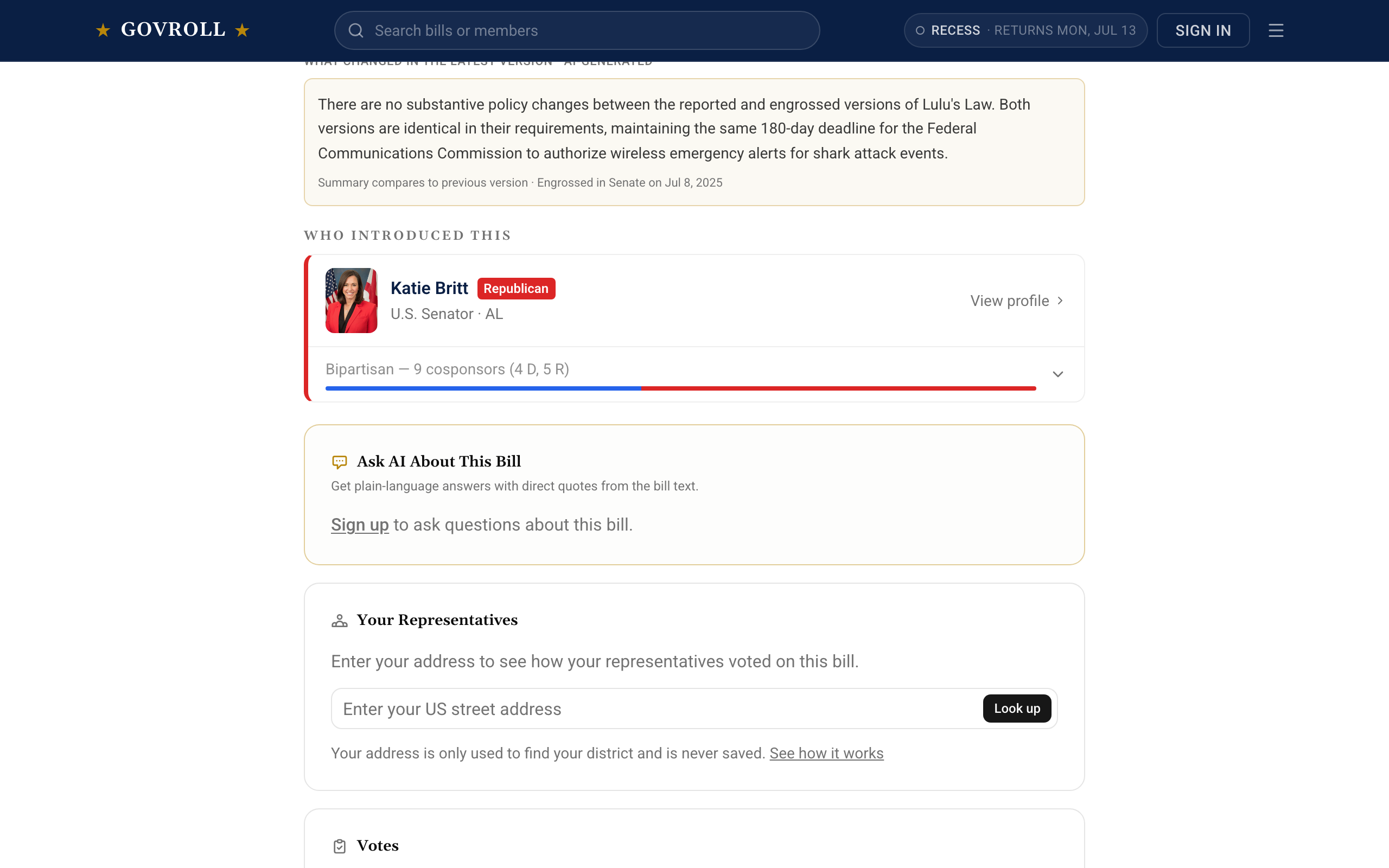 Ask AI answers in plain language and quotes directly from the bill text. Below it, an address lookup that stays on your own device.