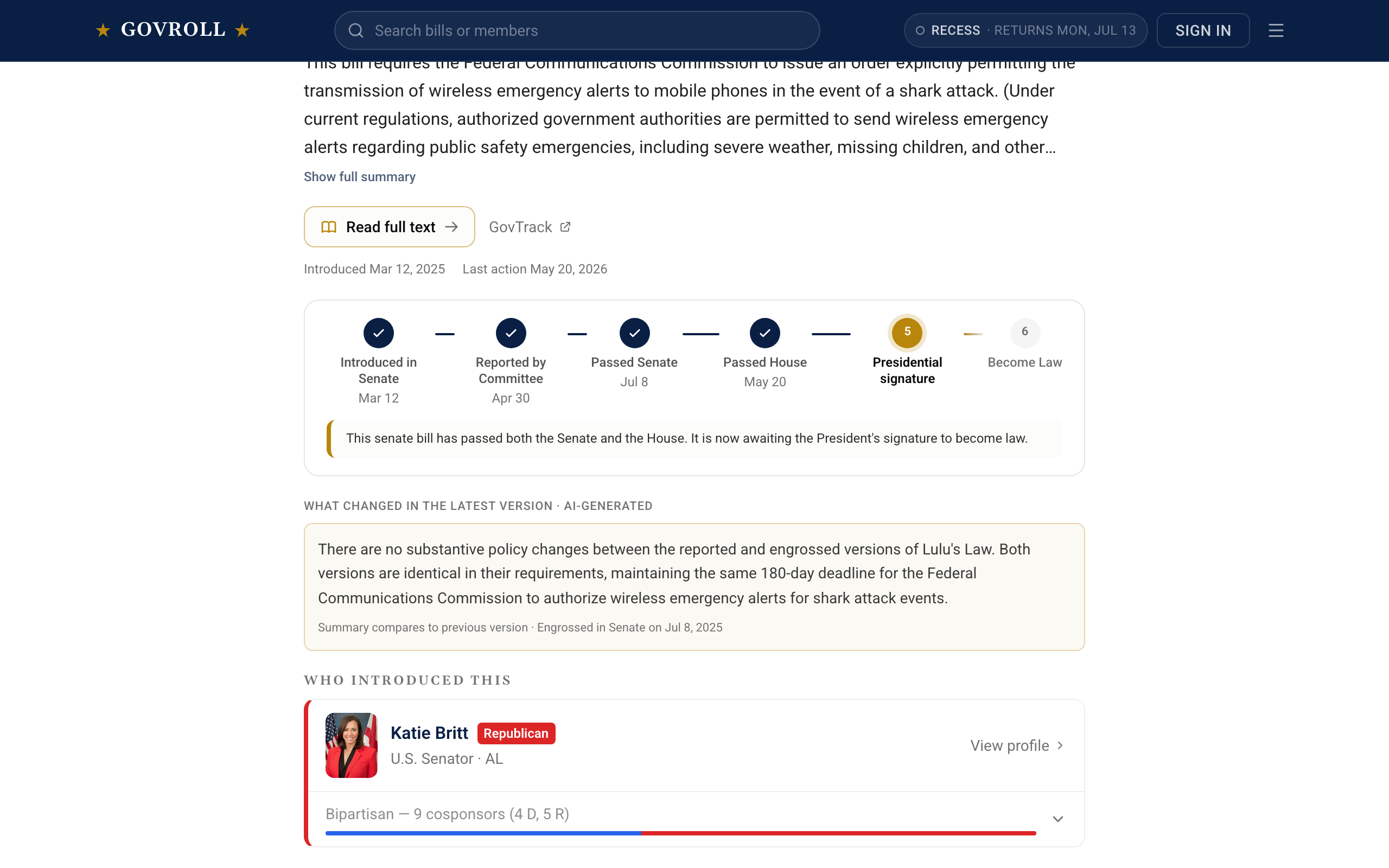 A bill page: a plain-language summary, a status tracker, and an AI note on what changed between the last two versions.