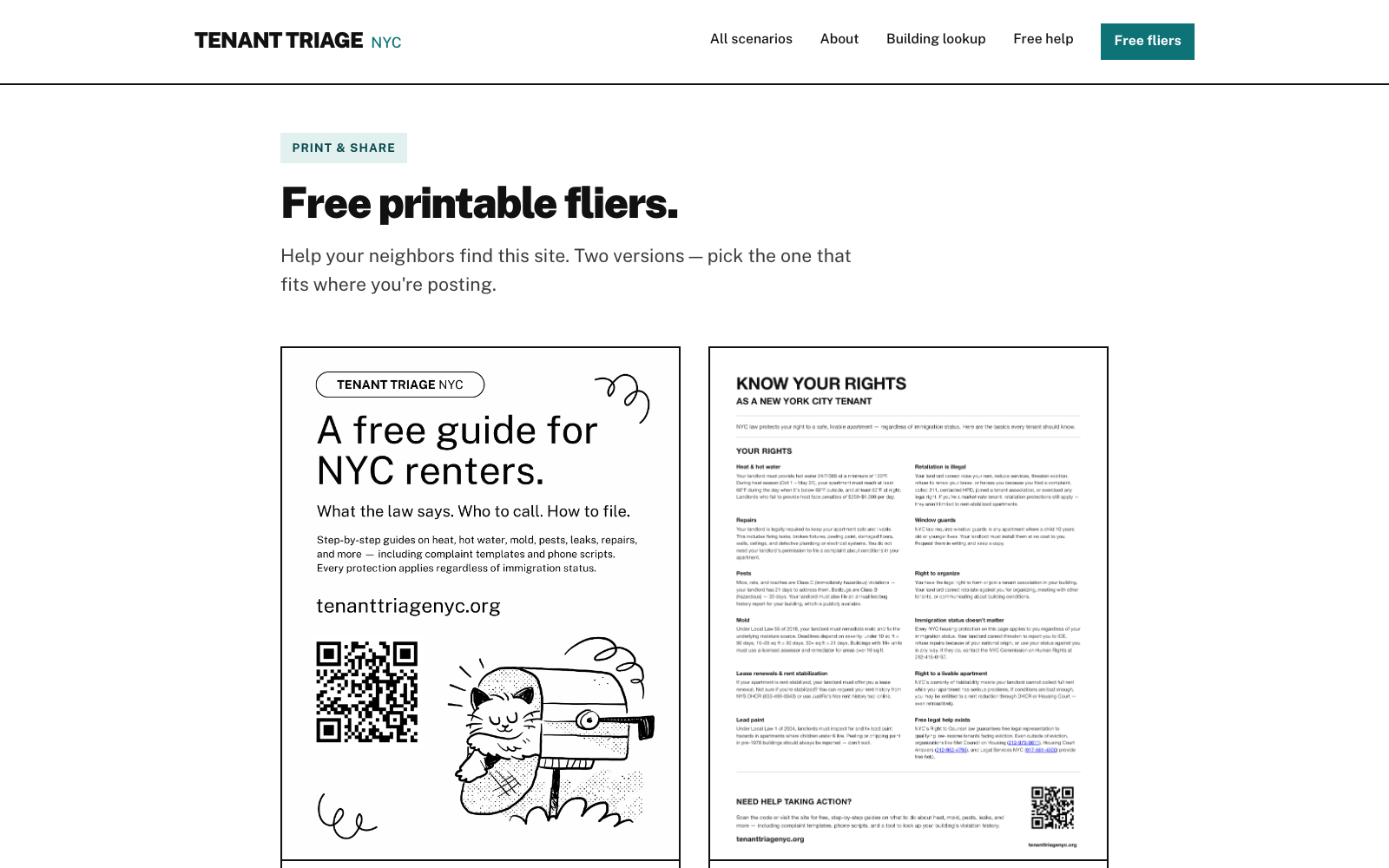 Two printable flyers: a detailed guide and a poster-format version with an illustration and QR code.