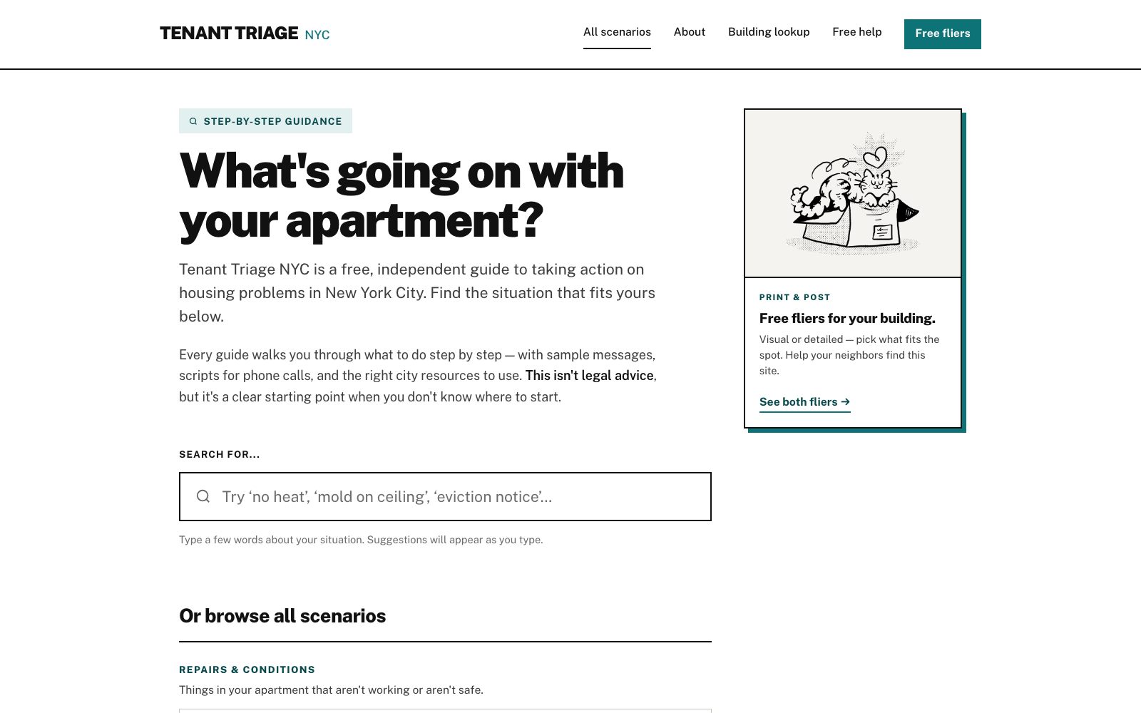 Hub page: a plain-language question, autosuggest search, and a callout for the printable flyers.